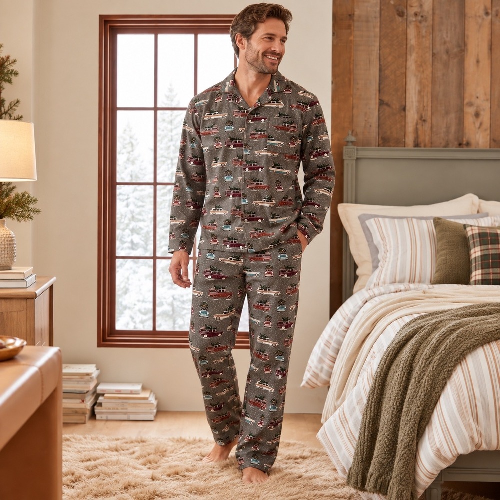 Garnet Hill Station Wagon Christmas Pajama Set Mens Size L Grey Organic Cotton